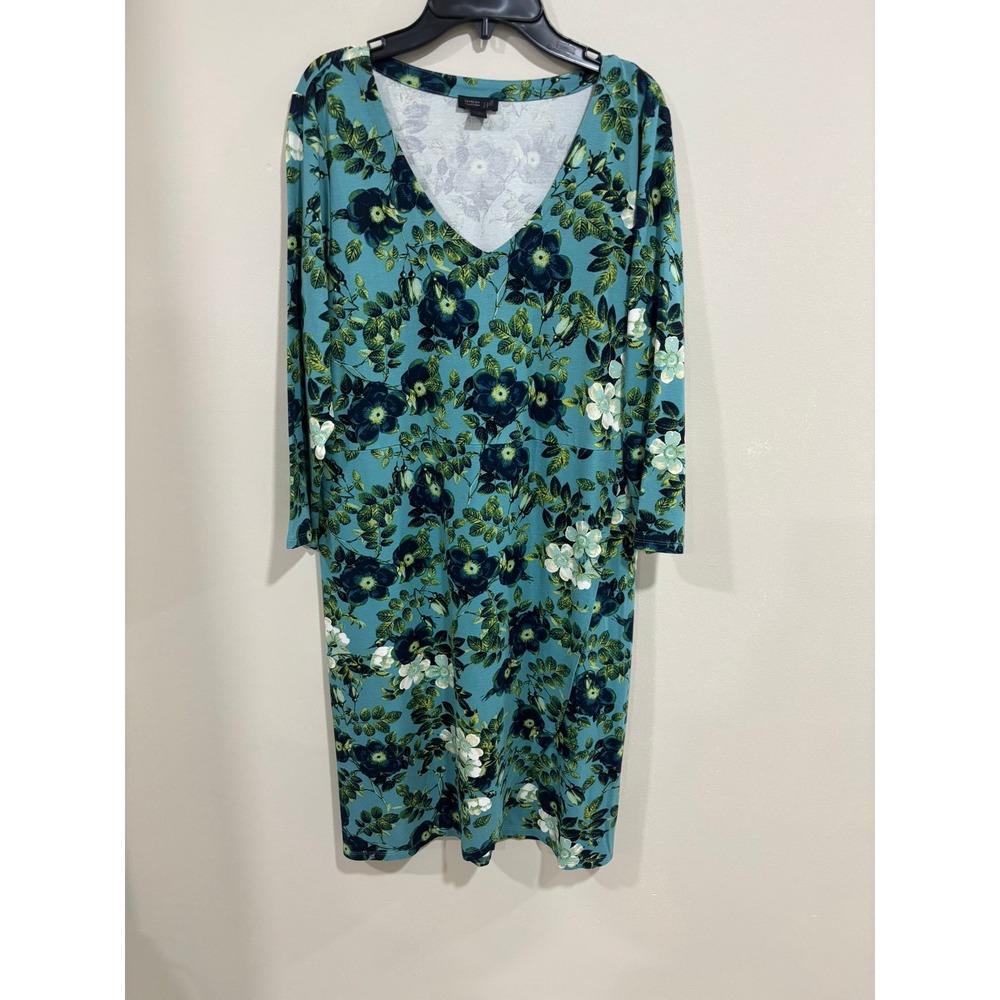 J.‎ Jill Wearever M Teal Floral V Neck Midi Dress 3/4 Sleeve Stretch Knit Boho